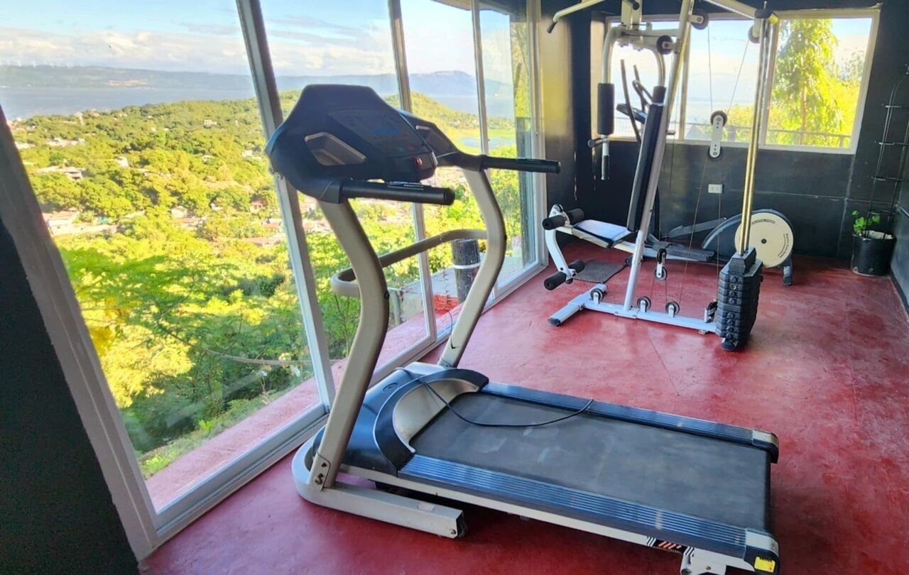 Un gimnasio con cinta de correr, máquinas de pesas y vistas a un paisaje verde a través de amplias ventanas.