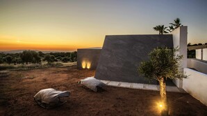 Un espace extérieur moderne doté d’une grande structure en pierre sombre, d’un petit arbre et d’un rocher sur lequel est posé un coussin.