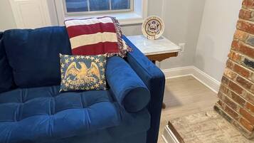 Smart TV, fireplace, books