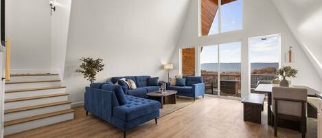 Smart TV, fireplace, table football, books