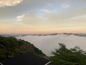 Un paysage montagneux offrant une vue sur une zone boisée et sur un bâtiment doté d’un toit sombre.