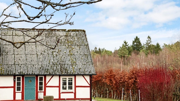 A traditional building with a gabled roof and a green door, surrounded by a fenced area and autumn-colored trees. - 4 Star Holiday Home in Munka-ljungby (Munka-Ljungby)