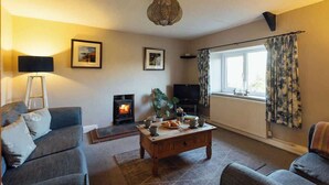 A cozy living room with a fireplace, a sofa, a coffee table with books and a plant, and a television. - An idyllic Countryside Cottage Stay, near the Sea (Nolton Haven)