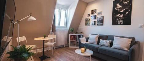 Een televisie, boeken en een muziekbibliotheek