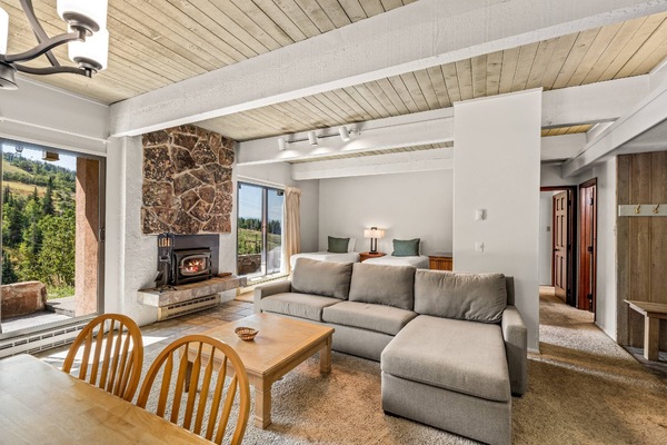 Living space with divider open to see two twins in den area