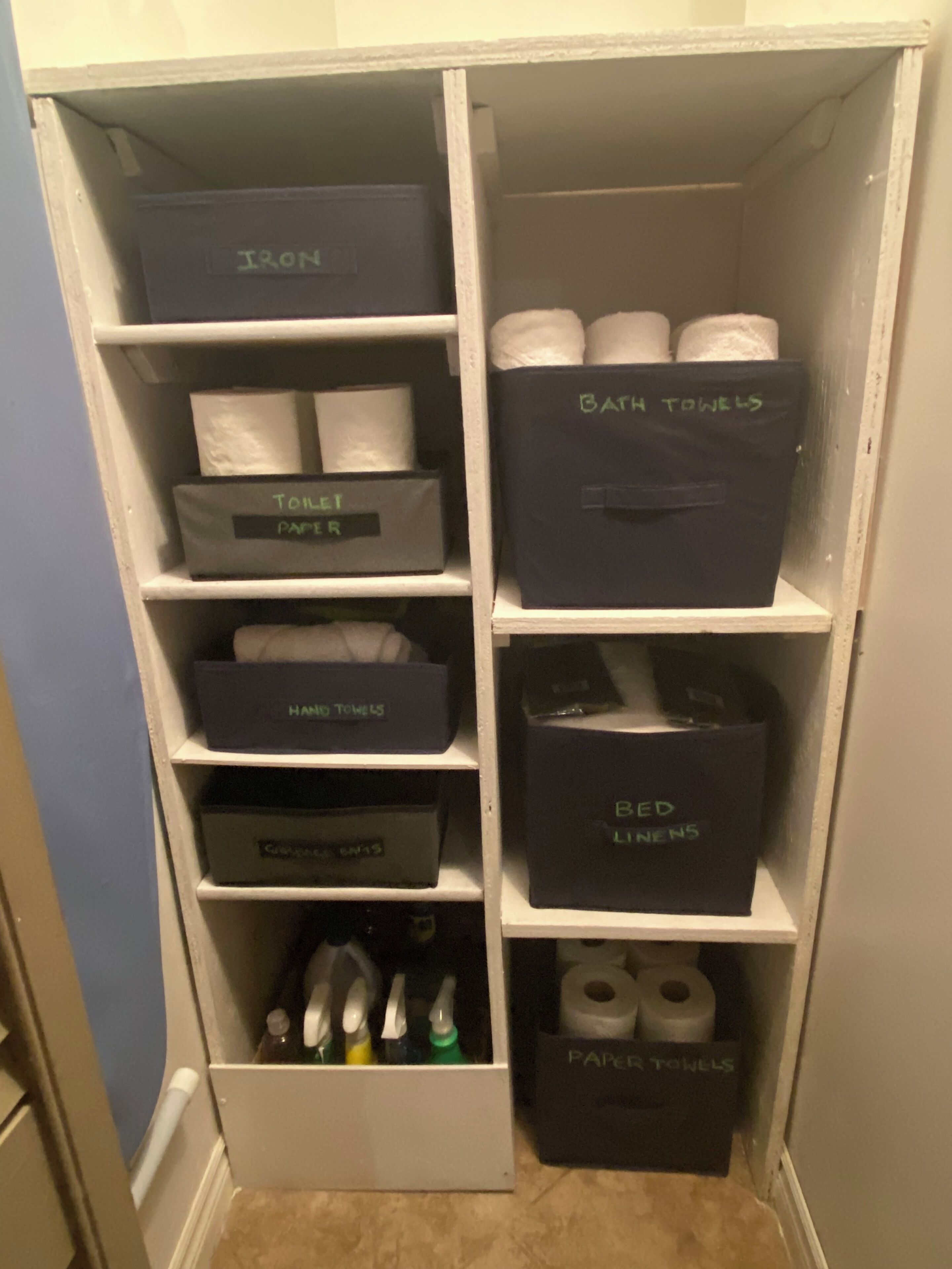 Ein Stauraum mit beschrifteten Kisten für Bügeleisen, Toilettenpapier, Handtücher, Badetücher, Bettwäsche und Küchenpapier.