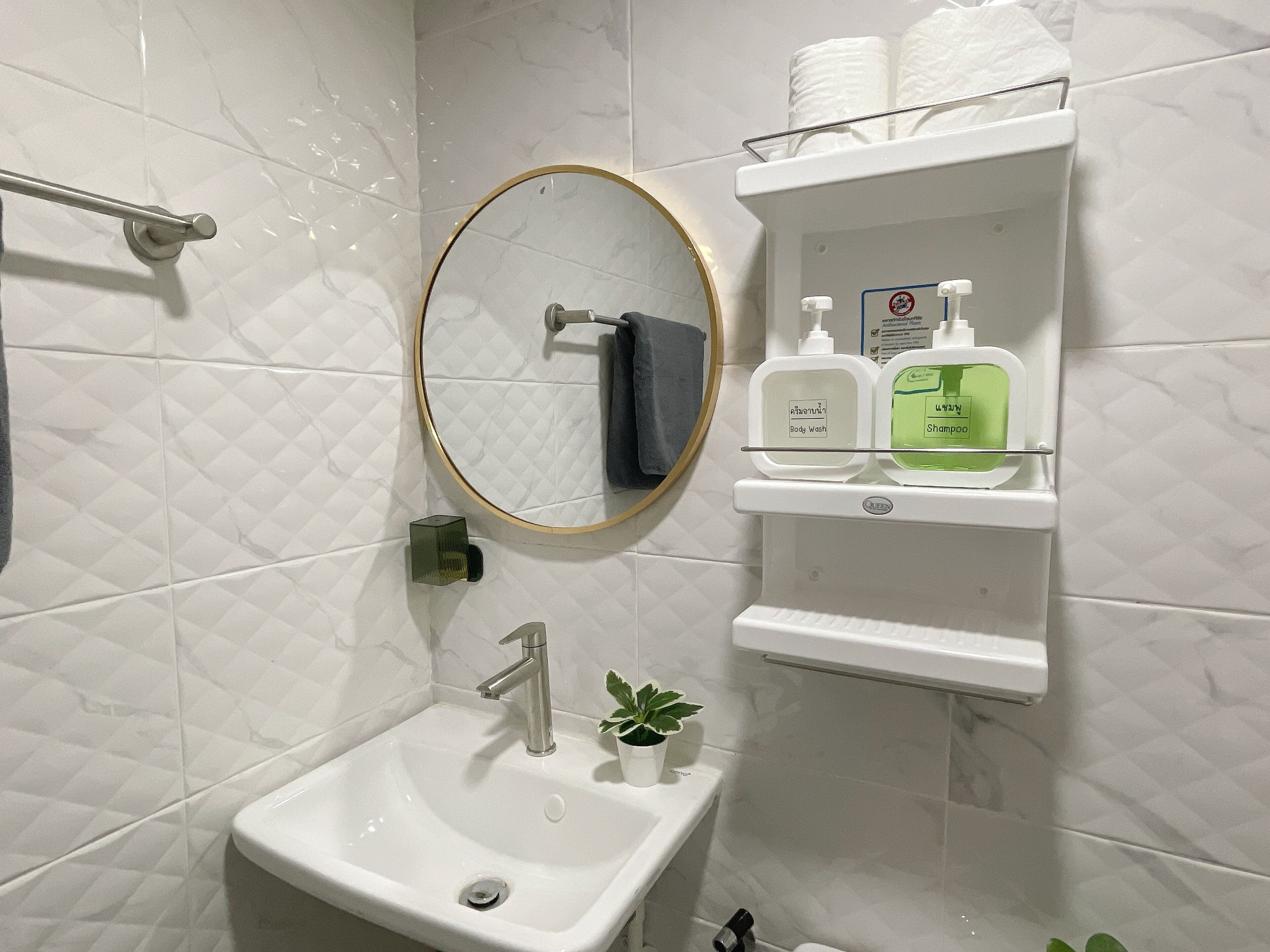 Hair dryer, towels, soap, shampoo