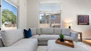 Smart TV, fireplace, books