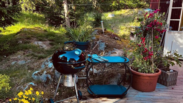 Un barbecue sur une terrasse en bois, agrémentée de plantes en pot et d’une petite table.