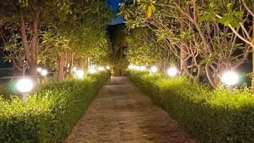 Un chemin pavé, bordé de haies et d’arbres bien éclairés, mène à un bâtiment.