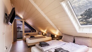 Een slaapkamer met twee bedden, een aan de muur bevestigde televisie en een dakraam.