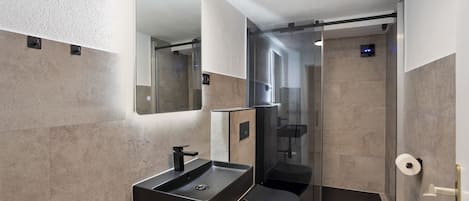 Shower, hair dryer, towels