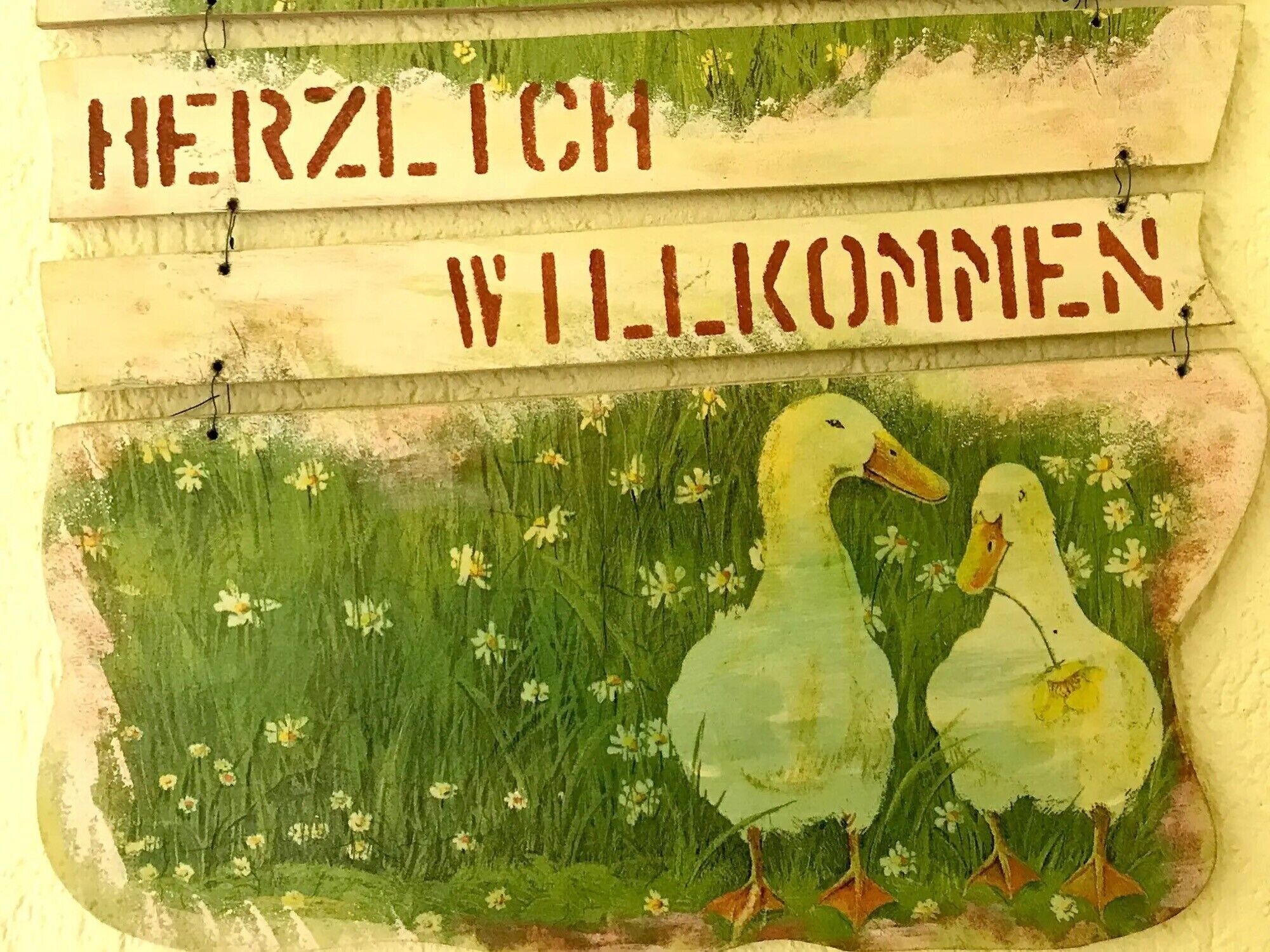 Un letrero con dos patos y el texto 'HERZLICH WILKOMMEN' sobre un fondo de hierba y flores.
