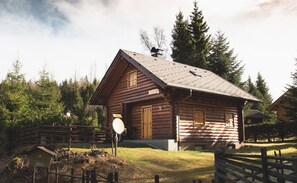 Eine Blockhütte mit Satteldach, Holzhörnern und Schornstein.