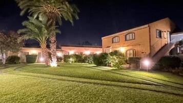 A well-lit building with a neatly trimmed lawn and a palm tree in the foreground.