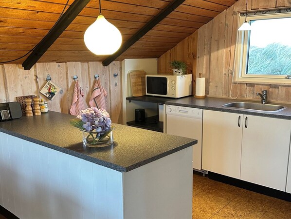 Fridge, microwave, dishwasher, cookware/dishes/utensils