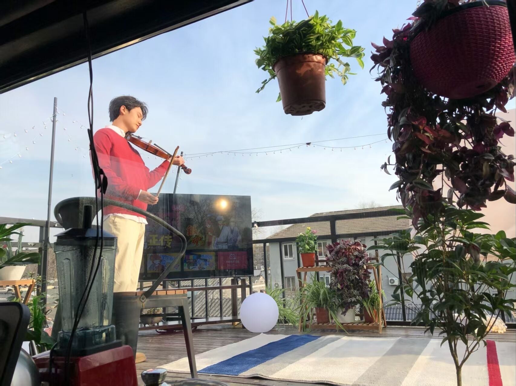 A person playing a violin on a balcony with a TV screen, potted plants, and a hanging basket.