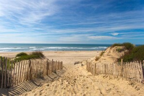 Ein Sandstrand mit Holzzäunen und Dünen.