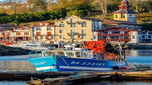 En hamn med en blå b åt förtöjd vid kajen, omgiven av byggnader med traditionell arkitektur.