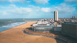 Un paisaje urbano costero con una playa destacada, un edificio alto y un puerto deportivo.