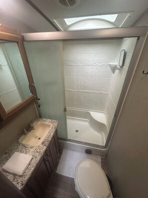 Shower, towels, toilet paper