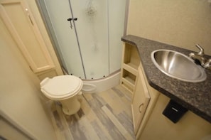 Shower, towels, toilet paper
