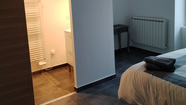 A bedroom with a bed, a radiator, a hanging lamp, and a door leading to a bathroom. - ART on the ground floor and terrace  (Beautheil-Saints)