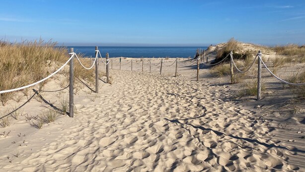 A sandy beach path leading to the ocean, with a wooden fence and rope barrier. - Spacious, New 4-bdrm townhome in charming Lewes, walk or bike to town & beaches! (Lewes)