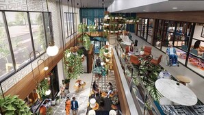 A spacious indoor area with multiple seating areas, plants, and a view of the outdoors through large windows. - 4 Brand new combined apartments with city views (Cleveland)