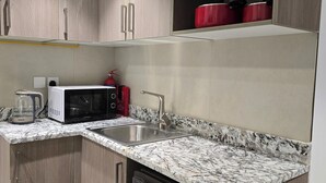 Cocina compacta equipada con microondas, fregadero y lavavajillas.
