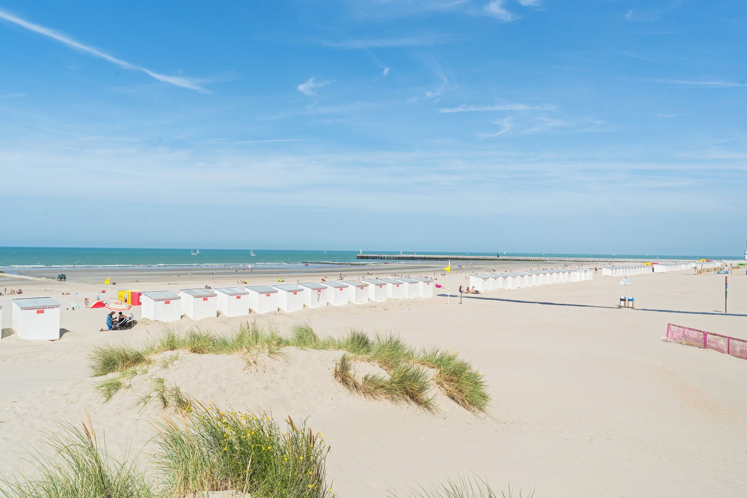 A beach with white beach huts, a pier in the distance, and clear skies.
