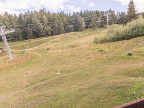 A grassy hill with a ski lift and trees in the background.