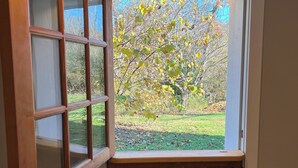 Una puerta de madera con un ventanal que muestra vistas de árboles y césped.