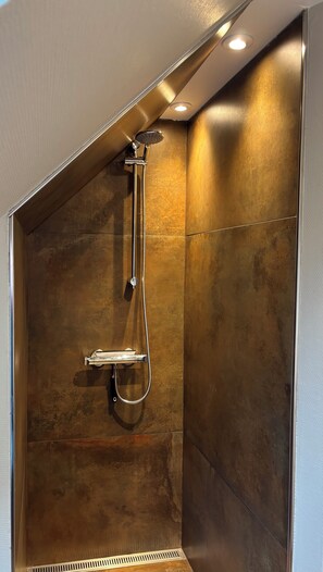 A modern shower with a handheld showerhead and a wall-mounted control. - Aunt Janni's Summer Pension (Bogense)