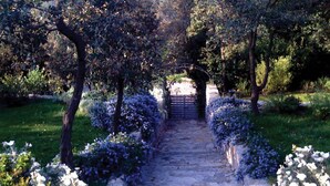 A stone pathway leading through a garden with a wooden archway. - Casa Leopoldo in Castiglione Chiavarese (Castiglione Chiavarese)