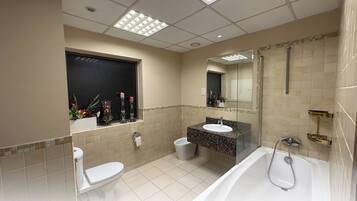 Hair dryer, towels, soap, toilet paper