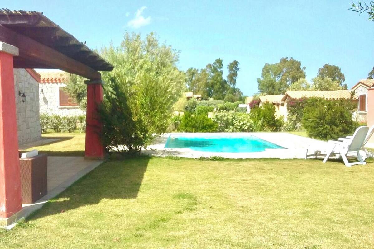 A pool area with a covered patio and a lawn.