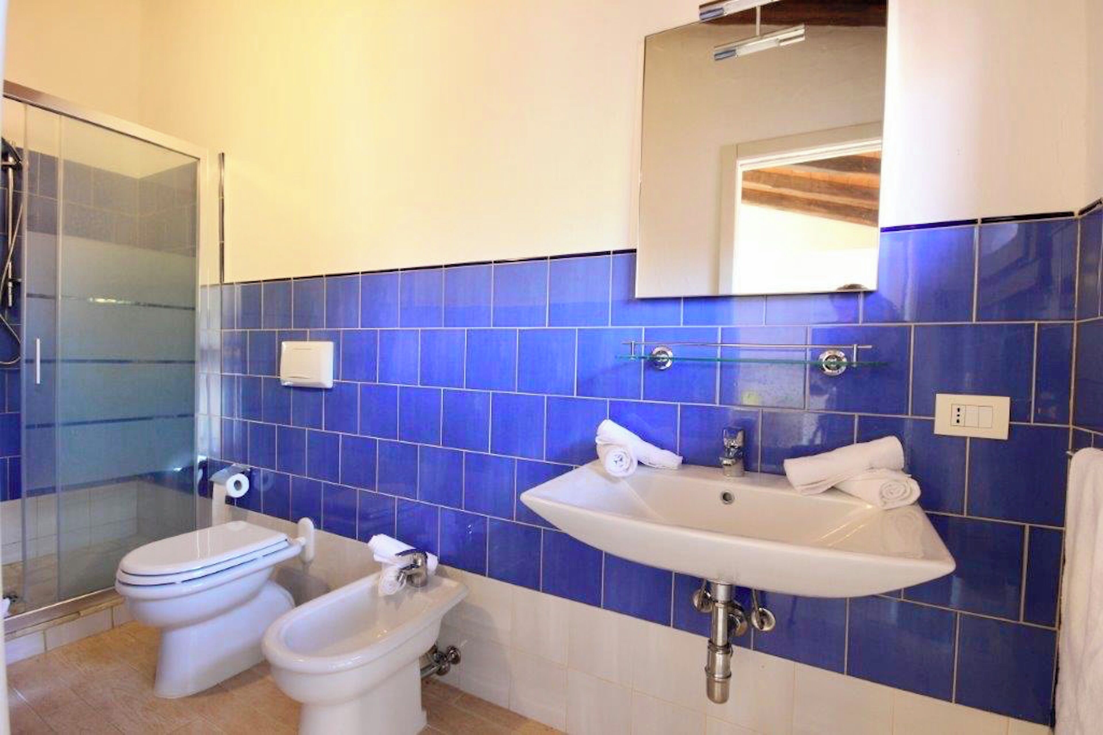 Ein Badezimmer mit zwei Toiletten, einem Waschbecken und einer Duschkabine aus Glas.