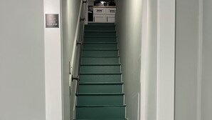 A staircase with teal steps leading to a landing.
