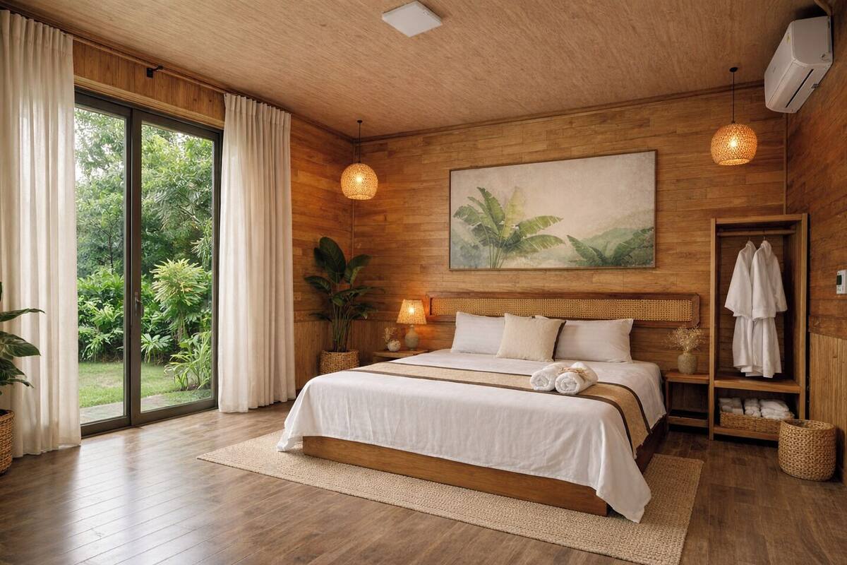 Une chambre dotée d’un grand lit, offrant une vue sur la verdure grâce à une porte coulissante, d’un climatiseur mural et d’un plafond en bois.