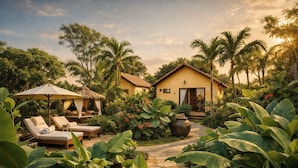 A tropical resort with a thatched-roof structure, a stone pathway, and lush greenery. - Hidden Valley Eco Retreat Trang An (Ninh Binh)