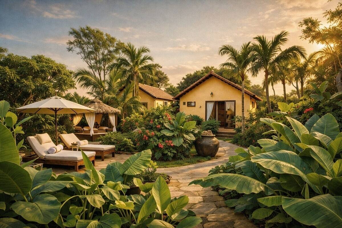 Un complexe hôtelier tropical doté d’une structure à toit de chaume, d’un sentier en pierre et d’une végétation luxuriante.