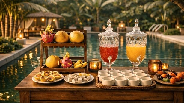 A wooden table with fruits, a fruit basket, and two glass containers with drinks, set by a poolside with palm trees and a thatched-roof structure in the background. - Hidden Valley Eco Retreat Trang An (Ninh Binh)