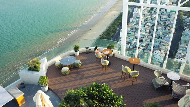 Een dakterras met uitzicht op het strand en de skyline, voorzien van zitgelegenheid en potplanten.
