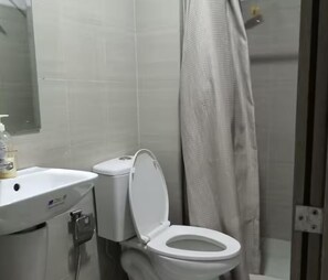 Secadora de cabello, toallas, jabón, papel de baño 