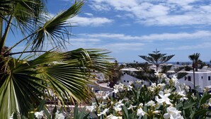 A coastal view with white buildings, palm trees, and white flowers. - Panoramic sea views, sunny, private balcony, refurbished on Atalaya Complex (Tías)