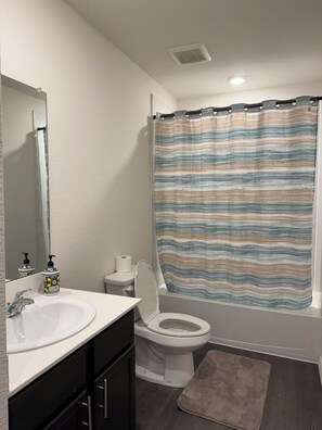 Hair dryer, towels, soap, toilet paper