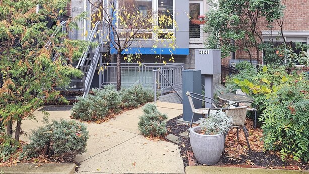 A courtyard with a pathway, potted plants, and a building with a blue accent.