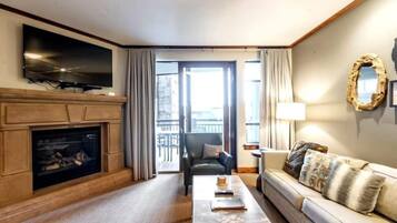Smart TV, fireplace, video games, DVD player