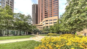 A landscaped area with a pathway, yellow flowers, and tall buildings in the background. - Spectacular Penthouse at 39 west. (Baltimore)
